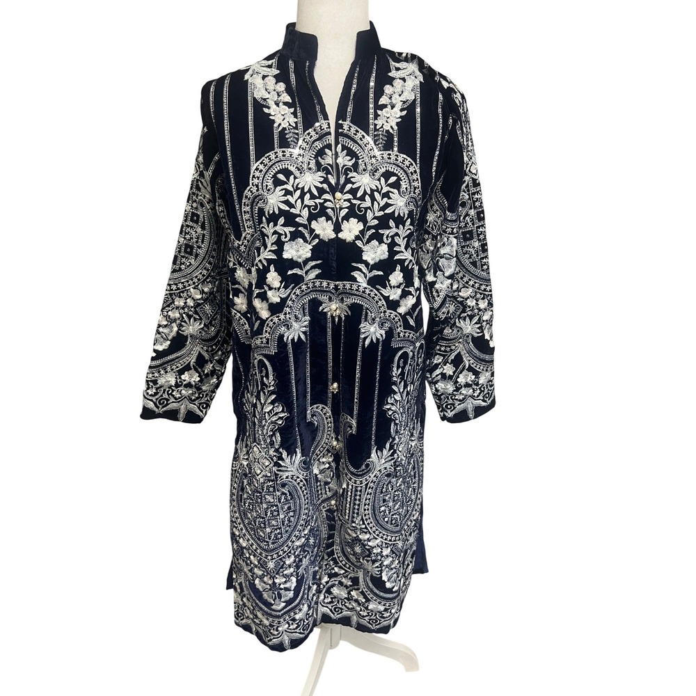 Pakistan Velvet Kurta Tunic Navy Blue Silver Embroidered Sz S Bollywood Formal